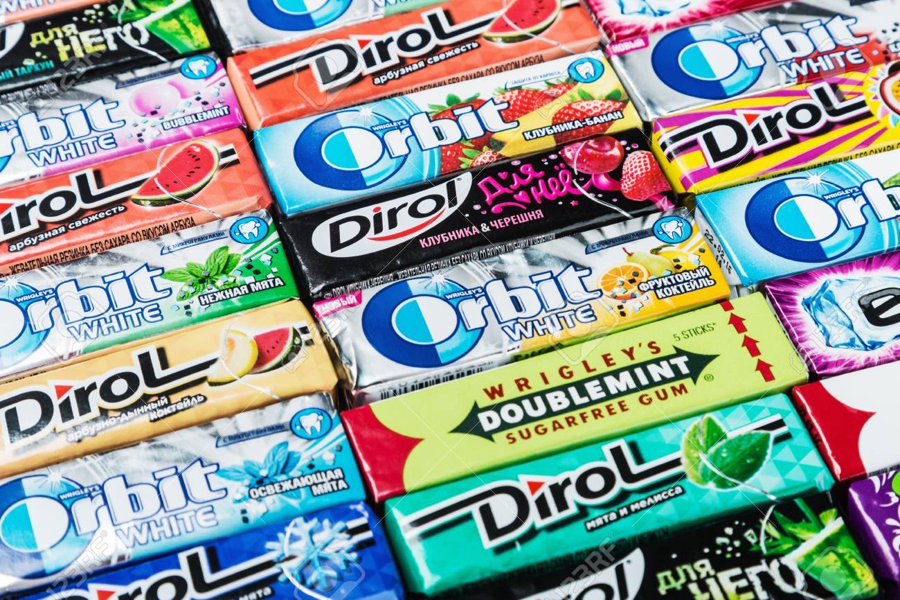 moscow russia may 24 2016 various brand chewing gum chewing chewing gum brands