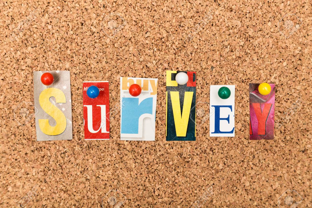 the word survey in cut out magazine letters pinned to a cork survey letters
