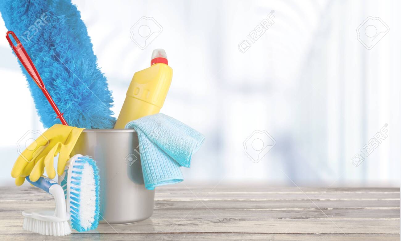 Plastic bottle, cleaning gloves and bucket on background - 127333665 Plastic bottle, cleaning gloves and bucket on background - 127333665
