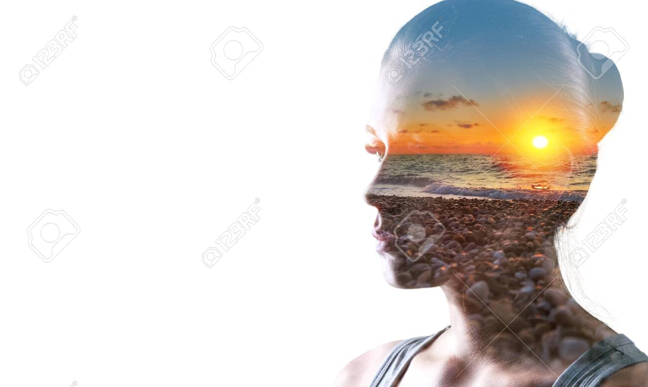 Psychoanalysis and meditation, concept. Profile of a young woman and sunset over the ocean, calm and mental health. Image with double exposure effect. The subconscious and how the brain works. - Image - 133629811 Psychoanalysis and meditation, concept. Profile of a young woman and sunset over the ocean, calm and mental health. Image with double exposure effect. The subconscious and how the brain works. - Image - 133629811