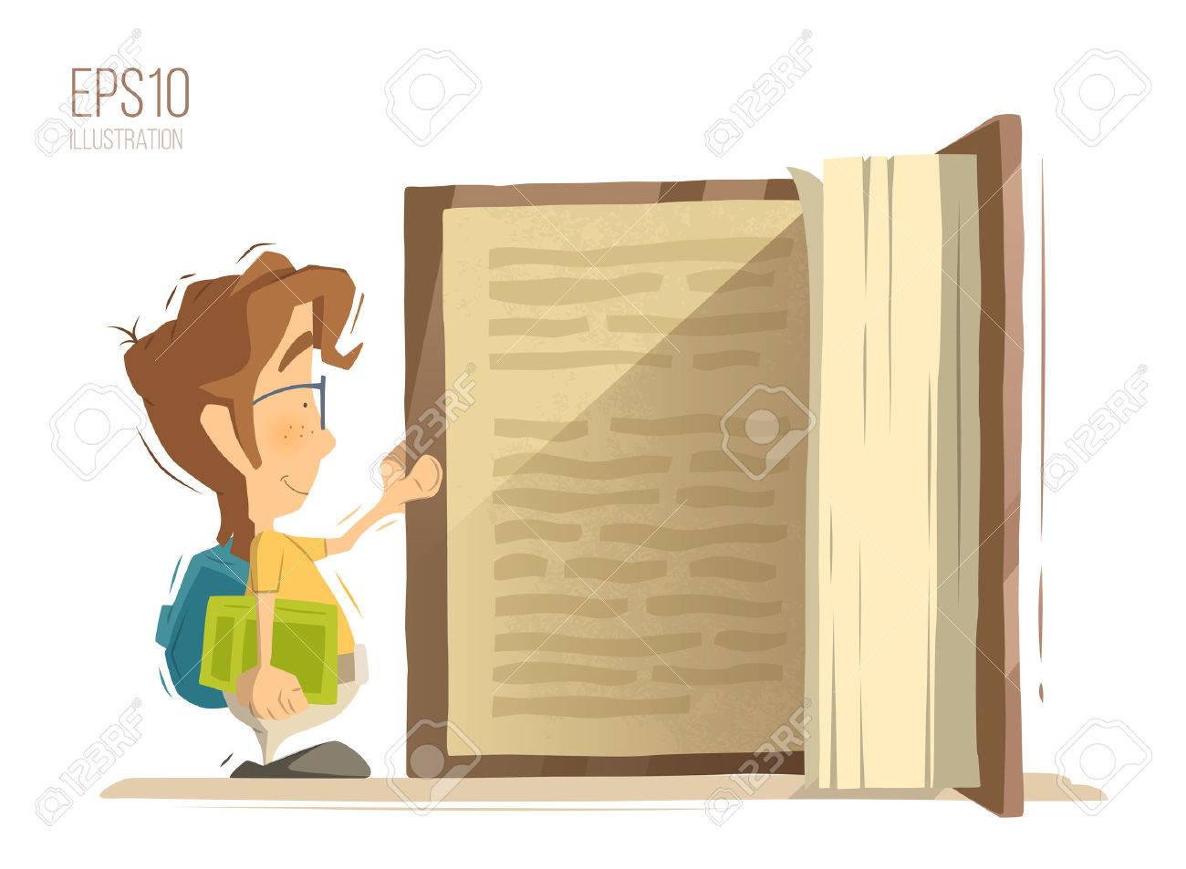 Happy smile school child kid boy schoolboy pupil open and reading big old book. Bright color vector illustration. - 50568915 Happy smile school child kid boy schoolboy pupil open and reading big old book. Bright color vector illustration. - 50568915