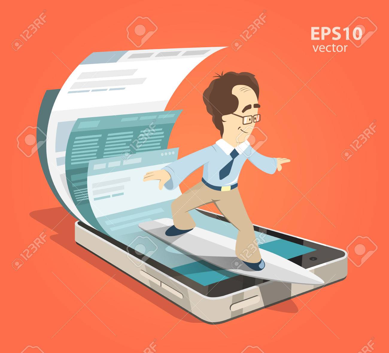 Fast speed mobile internet surfing. Man businessman on surfboard. Search information using smartphone. Color vector illustration creative concept. - 50568934 Fast speed mobile internet surfing. Man businessman on surfboard. Search information using smartphone. Color vector illustration creative concept. - 50568934