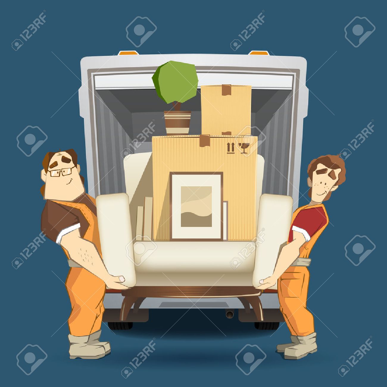 Two loaders movers man holding and carrying armchair with cardboard box, flower, pictures and books. Moving services 3d creative concept and conceptual color vector illustration. - 50568933 Two loaders movers man holding and carrying armchair with cardboard box, flower, pictures and books. Moving services 3d creative concept and conceptual color vector illustration. - 50568933
