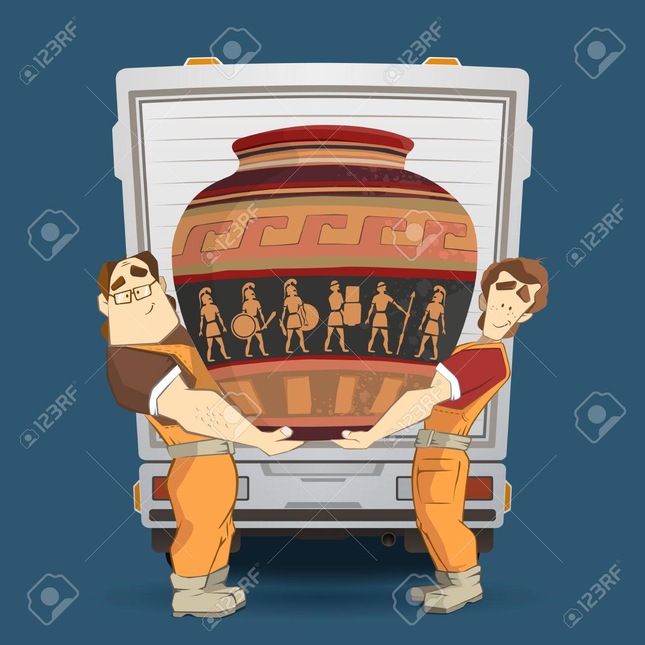 Professional transportation company illustration. Two workers mover man holding and carrying big heavy old egyptian vintage antique vase. 3d color vector creative concept with characters. - 50570464 Professional transportation company illustration. Two workers mover man holding and carrying big heavy old egyptian vintage antique vase. 3d color vector creative concept with characters. - 50570464