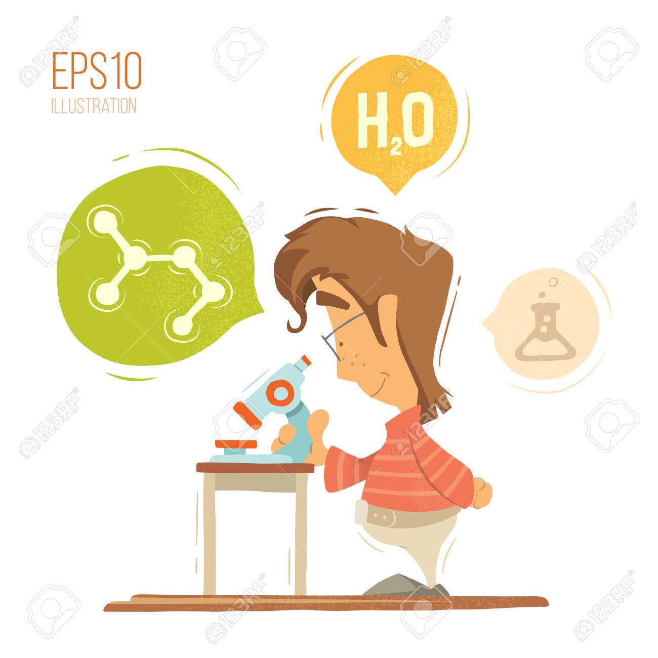 学校化学レッスン カラフルなベクトル イラスト 若い男子生徒少年子供子供瞳孔を保持 顕微鏡を用いたします 白い背景上に分離 のイラスト素材 ベクタ Image