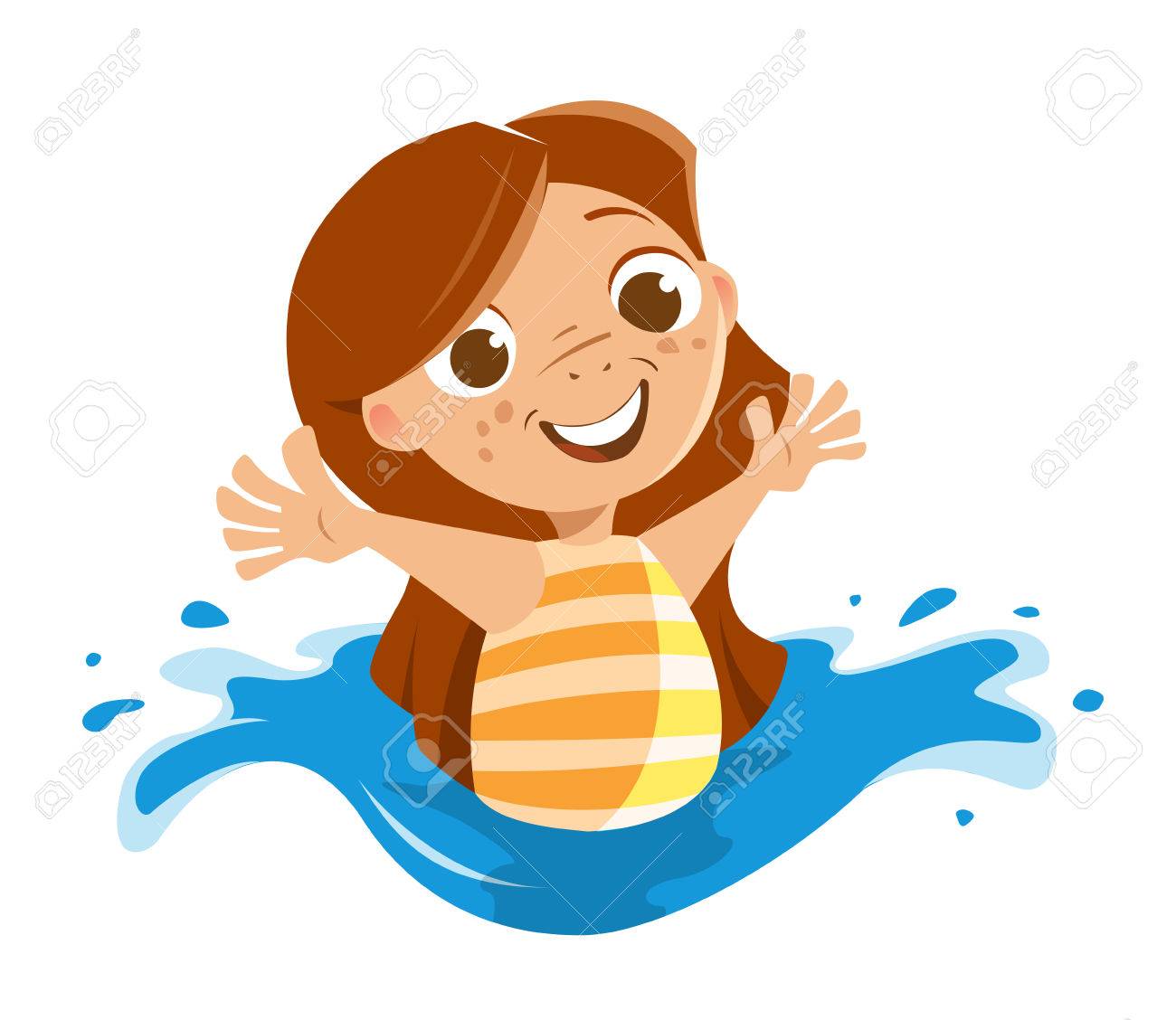 海の海またはスイミング プールの水で遊ぶかわいい美しい女の子のイラスト素材 ベクタ Image