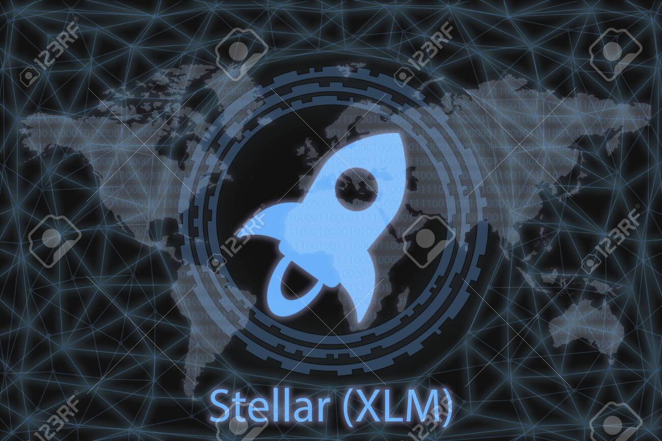 ステラルーメン（XLM）抽象暗号通貨。暗い背景と世界地図付き。あなたのデザインのグラフィックコンセプト。の写真素材・画像素材 Image  131391113