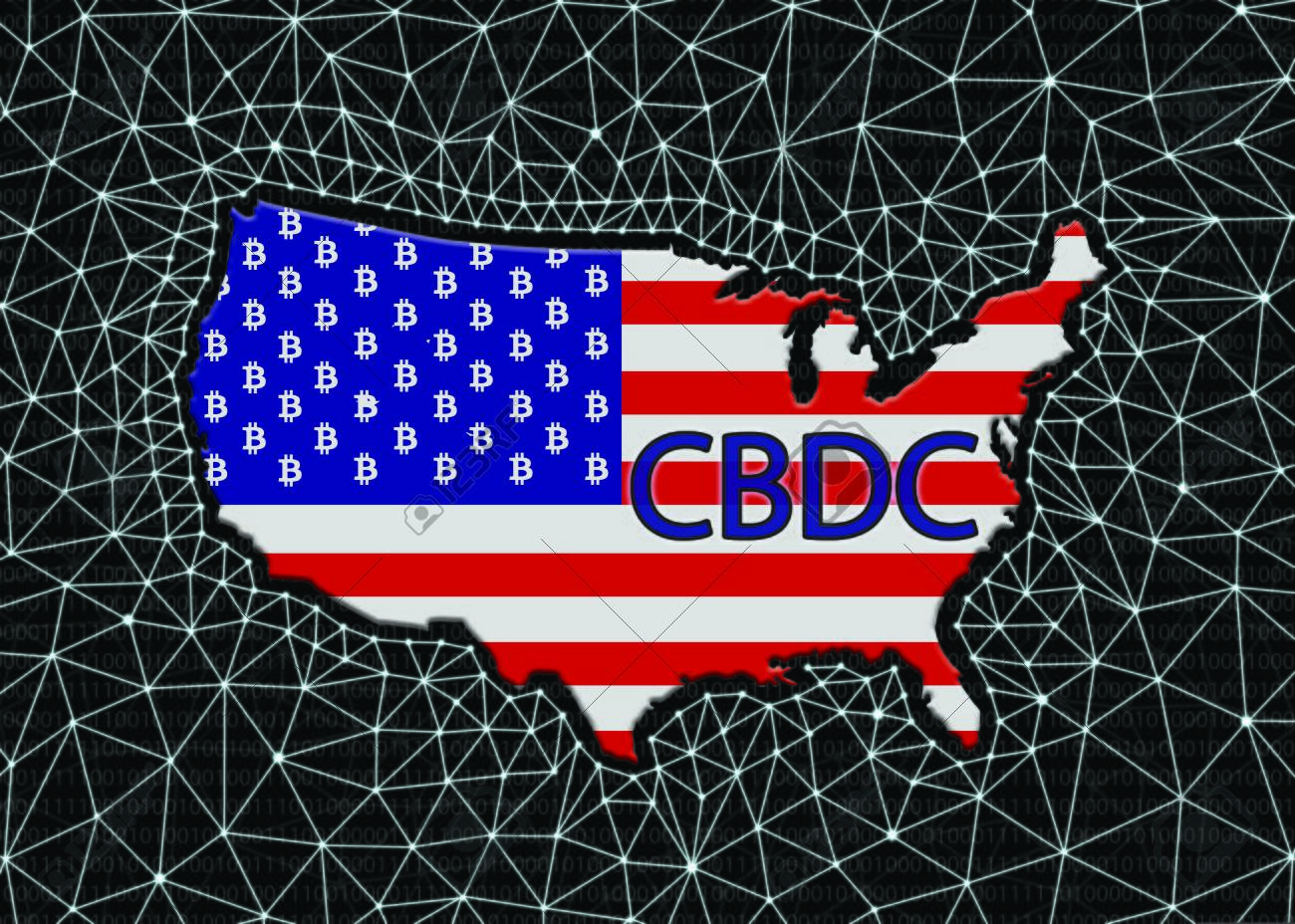 디지털 블록체인 그리드와 디지털 이진 코드가 있는 검정색 배경에 별 대신 비트코인 기호가 있는 비문 CBDC 실루엣이 있는 미국 지도.  미국 국가 디지털 통화 개념입니다. 로열티 무료 사진, 그림, 이미지 그리고 스톡포토그래피.