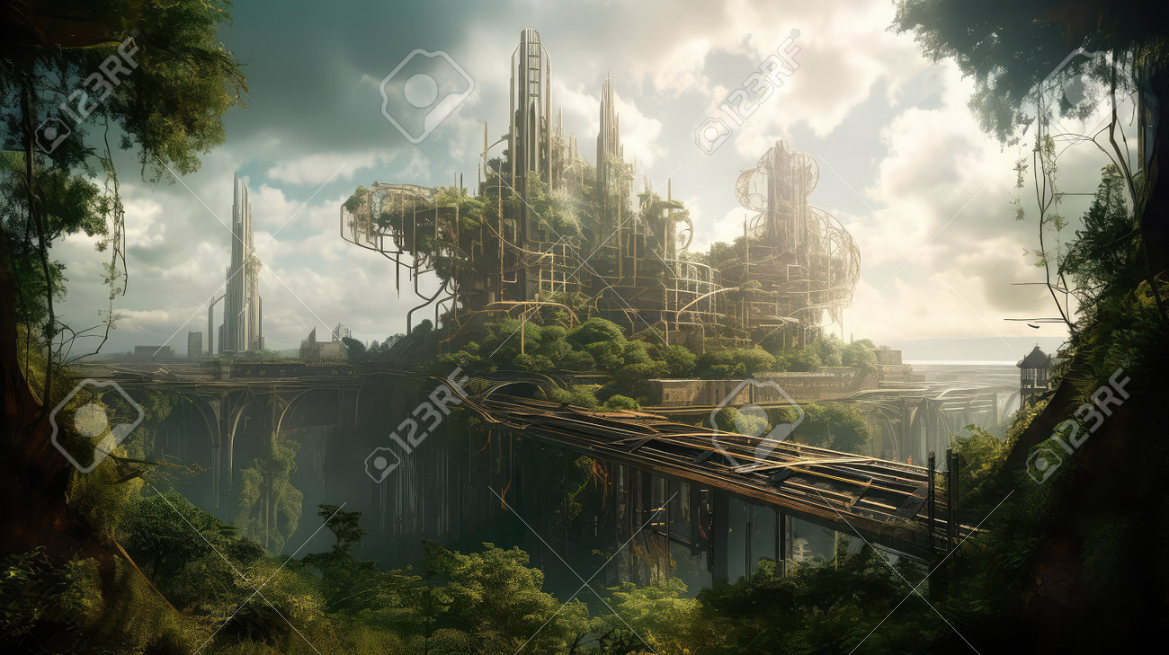 solarpunk futuristic city in harmony with nature, generative ai Stock  Illustration