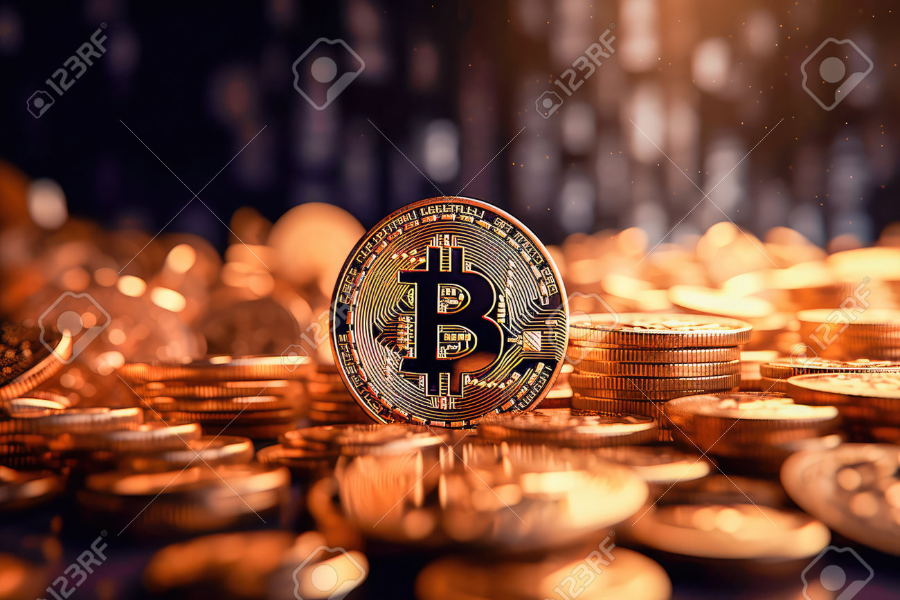 Concept Illustration Of A Bitcoin Cryptocurrency As Gold Coins. Digital  Banking Wallpaper. Generative AI Stock Photo, Picture and Royalty Free  Image. Image 204095477.