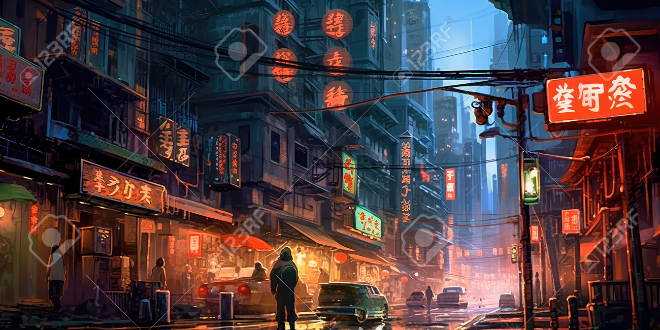 Anime Cyberpunk City Painting Diagonal Camera · Creative Fabrica