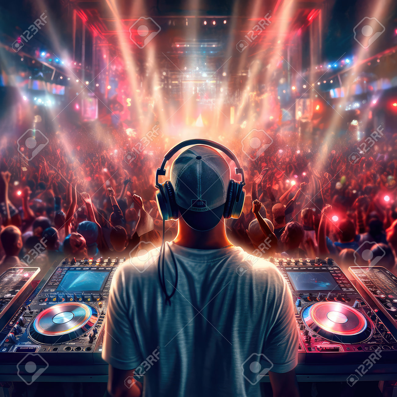 DJ Wearing Headphones Standing In Front Of A Crowded Stage. Multicolored  Lights Flashed Everywhere. Generative AI Фотография, картинки, изображения  и сток-фотография без роялти. Image 205092003