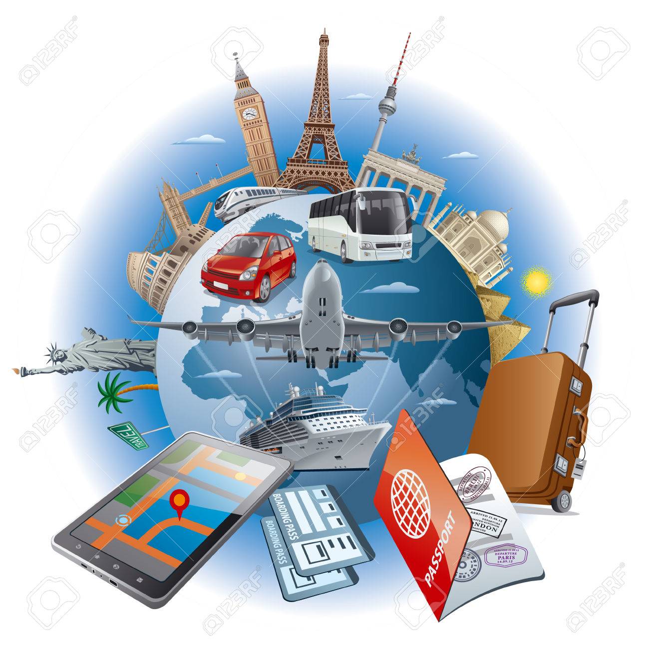 合わない空気輸送 車 鉄道 世界の有名なランドマーク周辺概念旅行のクルーズ船 のイラスト素材 ベクタ Image