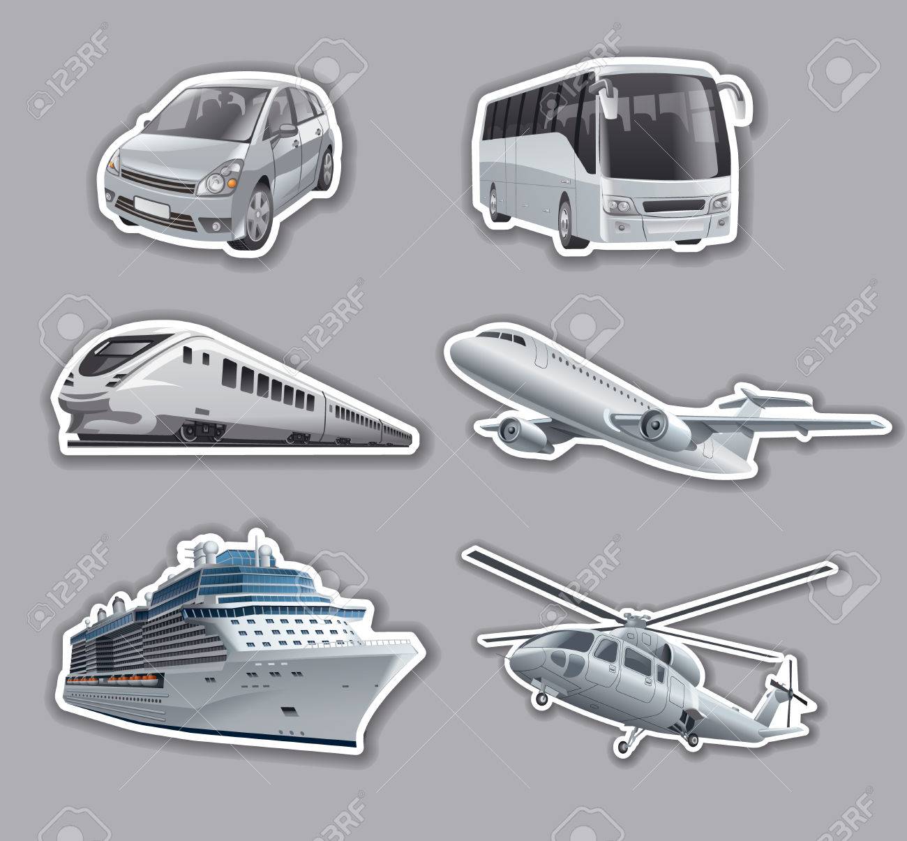 交通機関 車 電車 バスのステッカーのイラストをクルーズ船 飛行機 ヘリコプターのイラスト素材 ベクタ Image