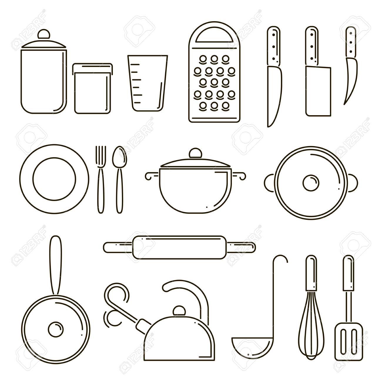 Set Of Kitchen Utensils Isolated, Line Art. Elements For Kitchen Design. Cooking  Equipment. Kitchenware Collection Royalty Free SVG, Cliparts, Vectors, and  Stock Illustration. Image 72595200., image size:1300x1300