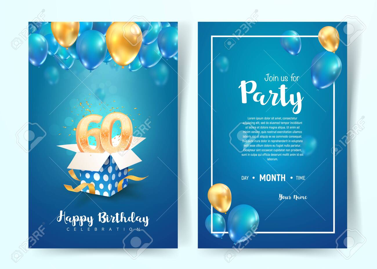 Célébration De La Carte D'invitation De Vecteur D'anniversaire De 60 Ans.  Brochure De Célébration D'anniversaire De Soixante Ans. Modèle D'invitation  À Imprimer Sur Fond Bleu Clip Art Libres De Droits, Svg, Vecteurs