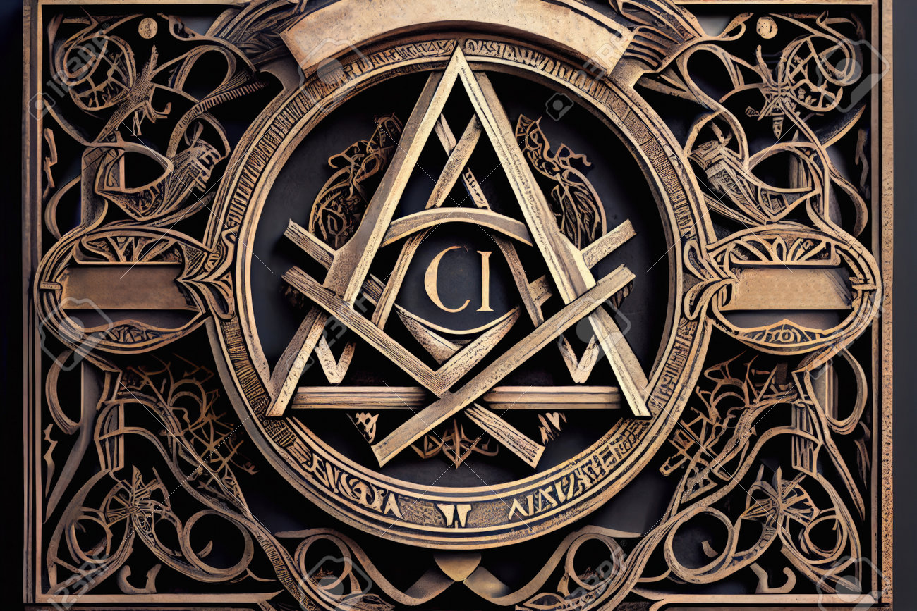 The Intricate Combination Of Triscele, Anarchy Symbol And Masonic Sign -  Compasses And Ruler Creates A Mesmerizing And Mystical Design That Captures  The Eye And Sparks The Imagination. Realistic Illustration Created By