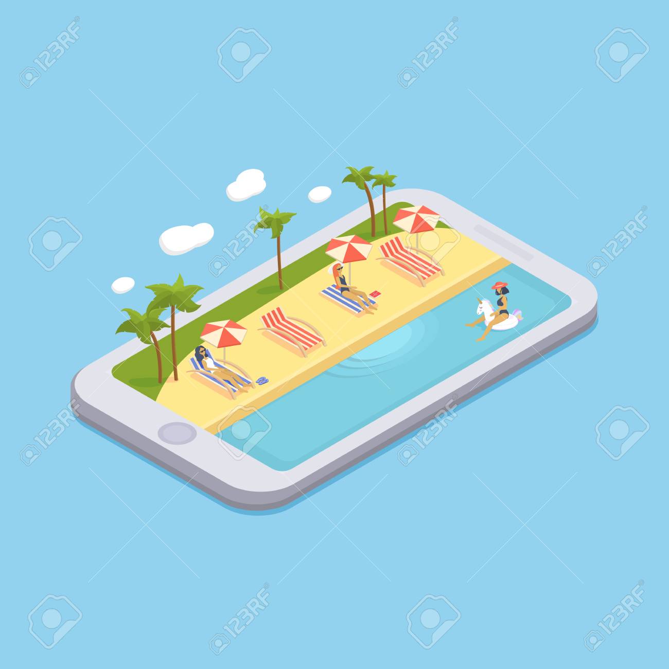 Isometric Swimming Pool With Chaise Lounges Parasol Umbrellas Beach Balls Palms Peoples Isometric Swimming Pool With Chaise Lounges Parasol Umbrellas Beach Balls Palms Peoples