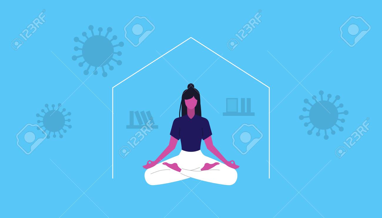 Young girl doing yora and meditate. Keep calm and don t panic. Coronavirus self isolation. Vector illustration - 148299086 Young girl doing yora and meditate. Keep calm and don t panic. Coronavirus self isolation. Vector illustration - 148299086