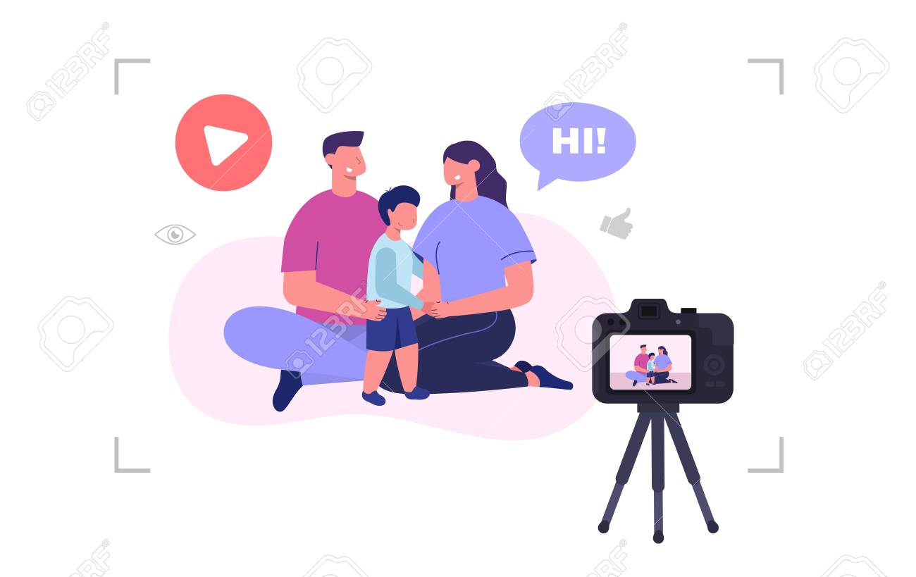 Family video blog. Mom, dad and son recording video. Vector illustration - 148299101 Family video blog. Mom, dad and son recording video. Vector illustration - 148299101