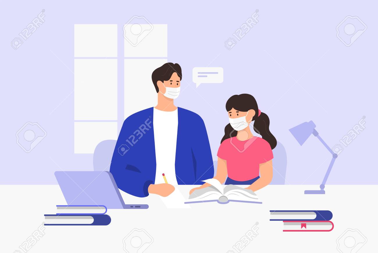 Dad and daughter doing homework. Coronavirus quarantine. Home schooling. Vector illustration - 148299108 Dad and daughter doing homework. Coronavirus quarantine. Home schooling. Vector illustration - 148299108
