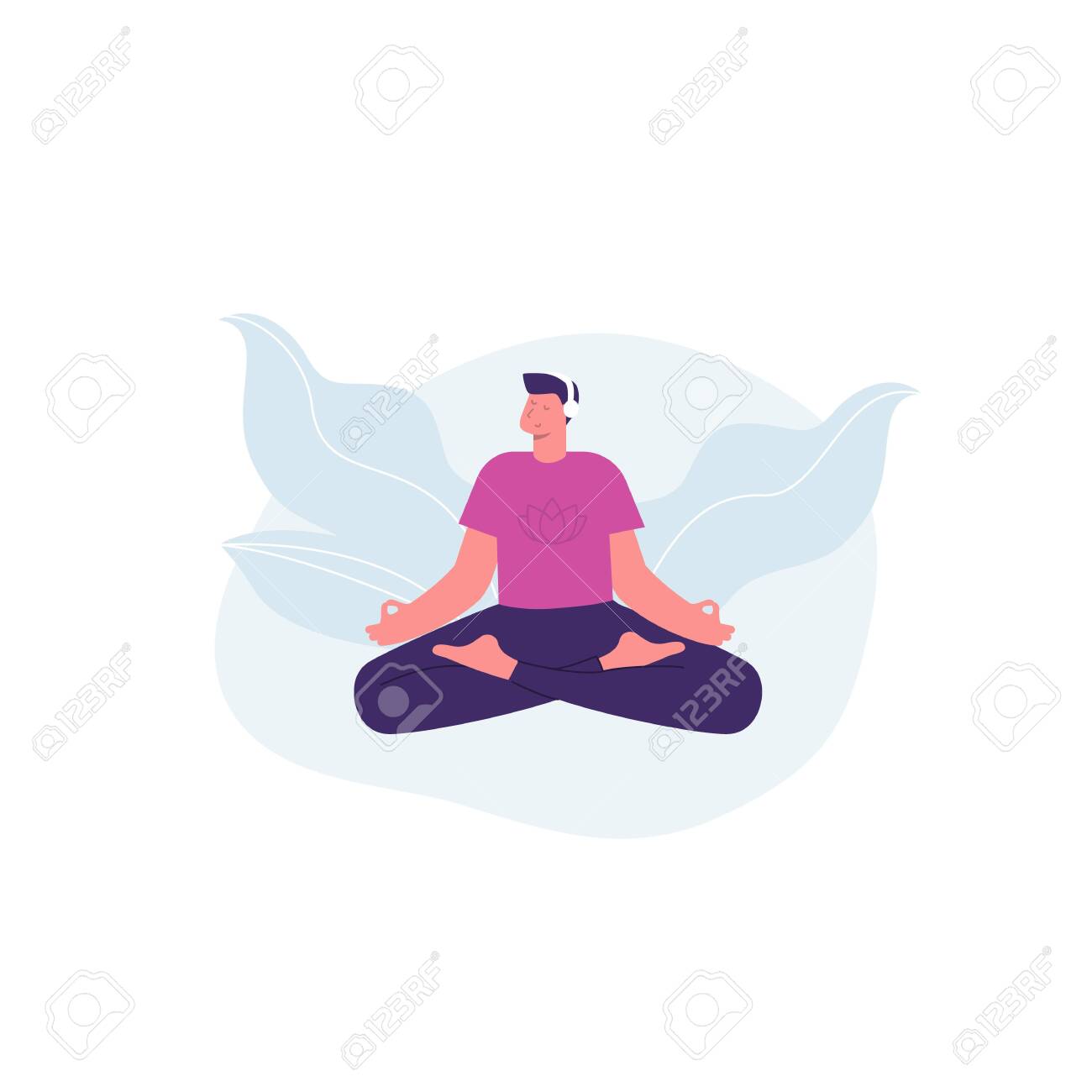Meditation man. Yoga. Man with headphones listening guided meditation. Vector illustration - 148299123 Meditation man. Yoga. Man with headphones listening guided meditation. Vector illustration - 148299123