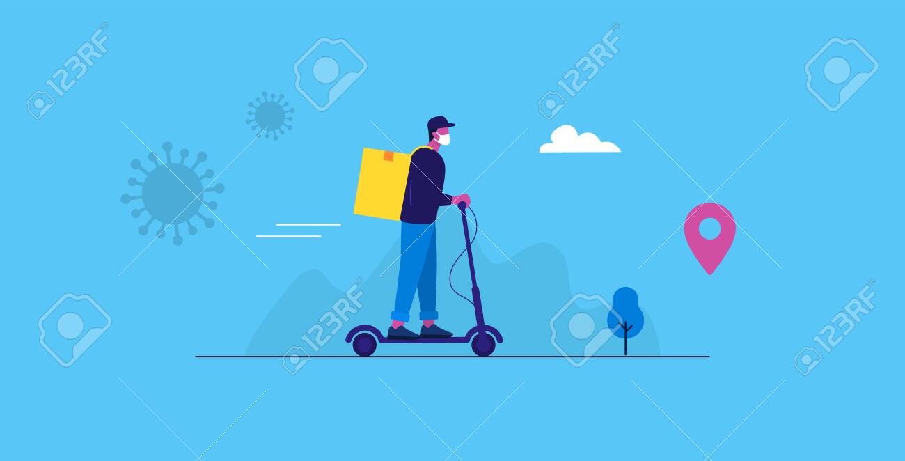 Online delivery service. Express delivery by electric scooter. Driver with medical mask. Vector illustration - 148299136 Online delivery service. Express delivery by electric scooter. Driver with medical mask. Vector illustration - 148299136
