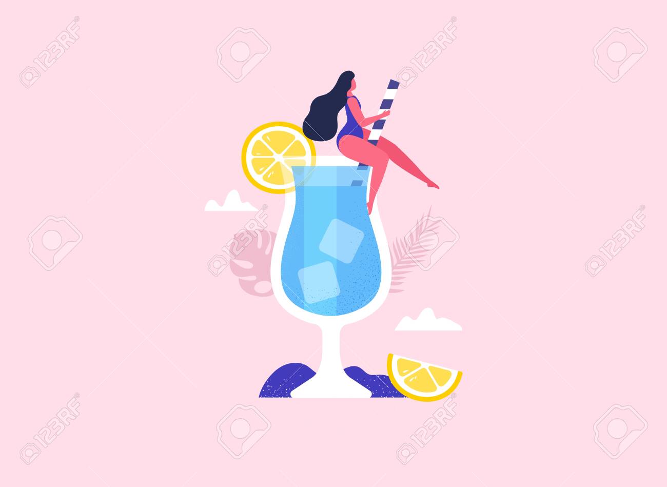 Summer girl sitting in the cocktail. Summer party fun. Vector - 152125893 Summer girl sitting in the cocktail. Summer party fun. Vector - 152125893