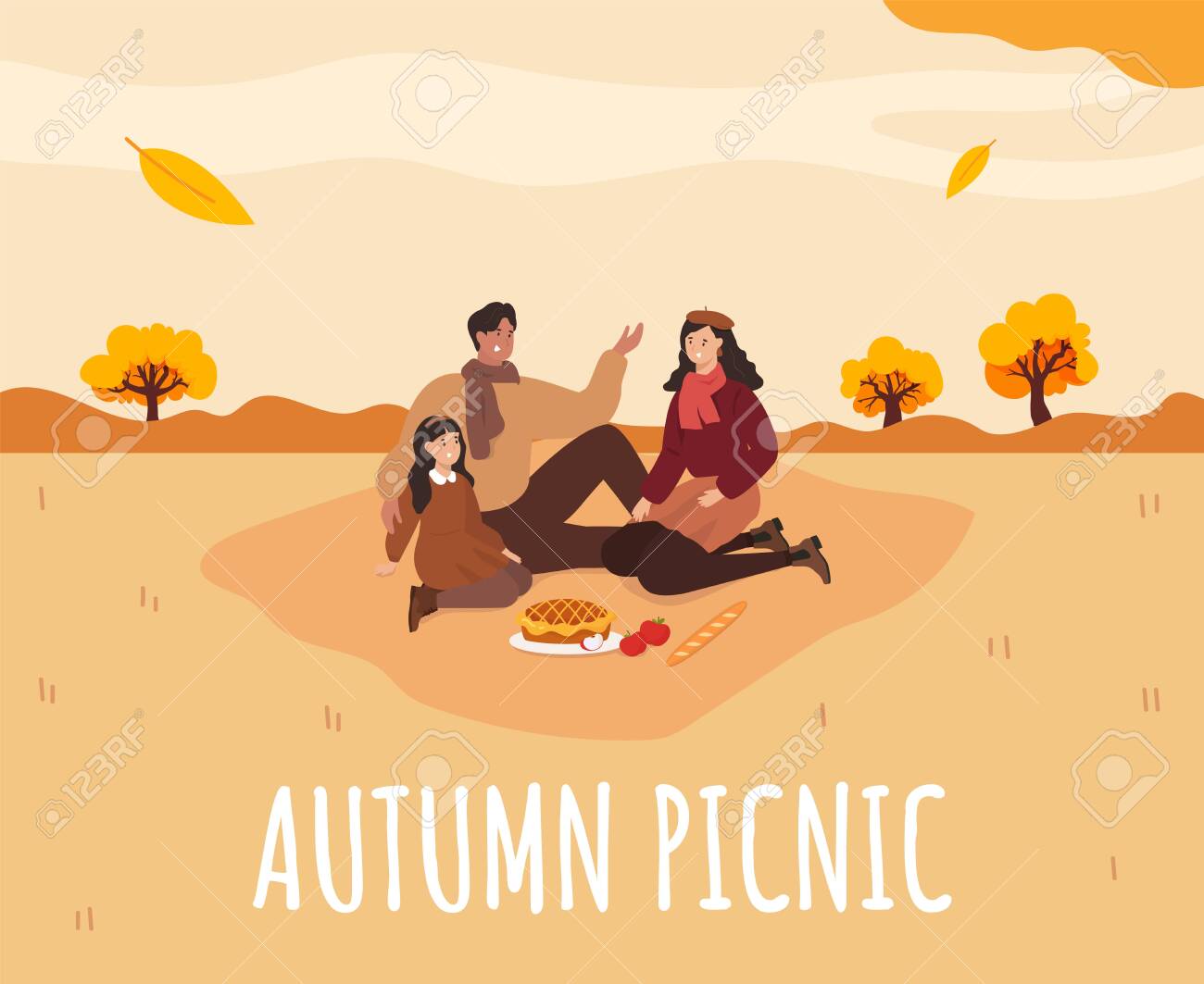 Family picnic in Autumn. Apple pie. Cozy autumn picnic. Vector - 152125895 Family picnic in Autumn. Apple pie. Cozy autumn picnic. Vector - 152125895