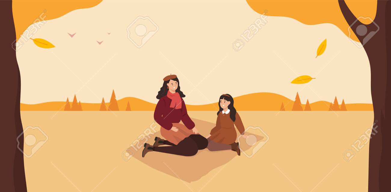 Cute autumn picnic. Mom and daughter. Fall forest. Vector - 152024767 Cute autumn picnic. Mom and daughter. Fall forest. Vector - 152024767