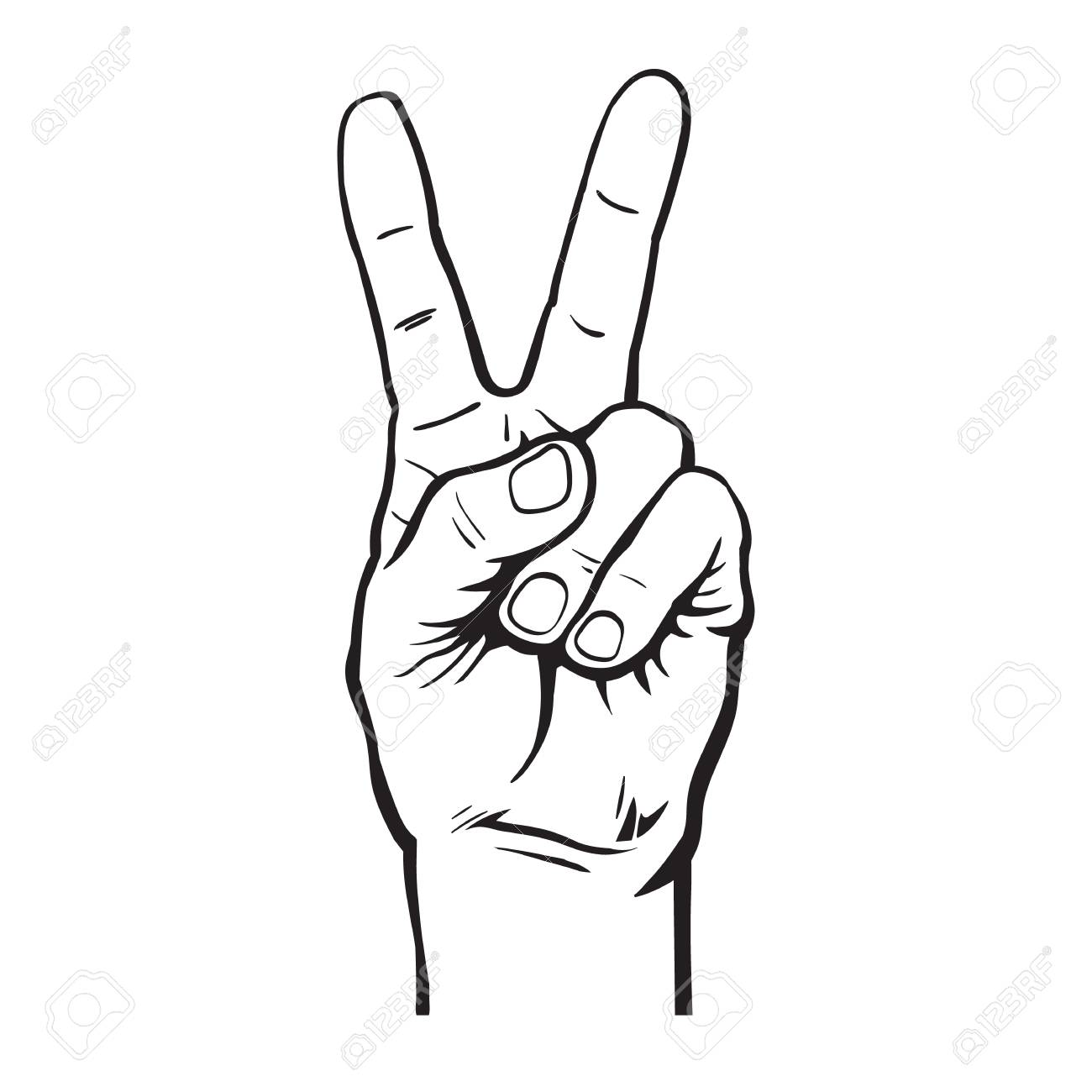 Hand with two fingers up, Victory or peace symbol, letter V in sign language, scissors gesture. Hand drawn vector illustration isolated on white background - 100951945 Hand with two fingers up, Victory or peace symbol, letter V in sign language, scissors gesture. Hand drawn vector illustration isolated on white background - 100951945