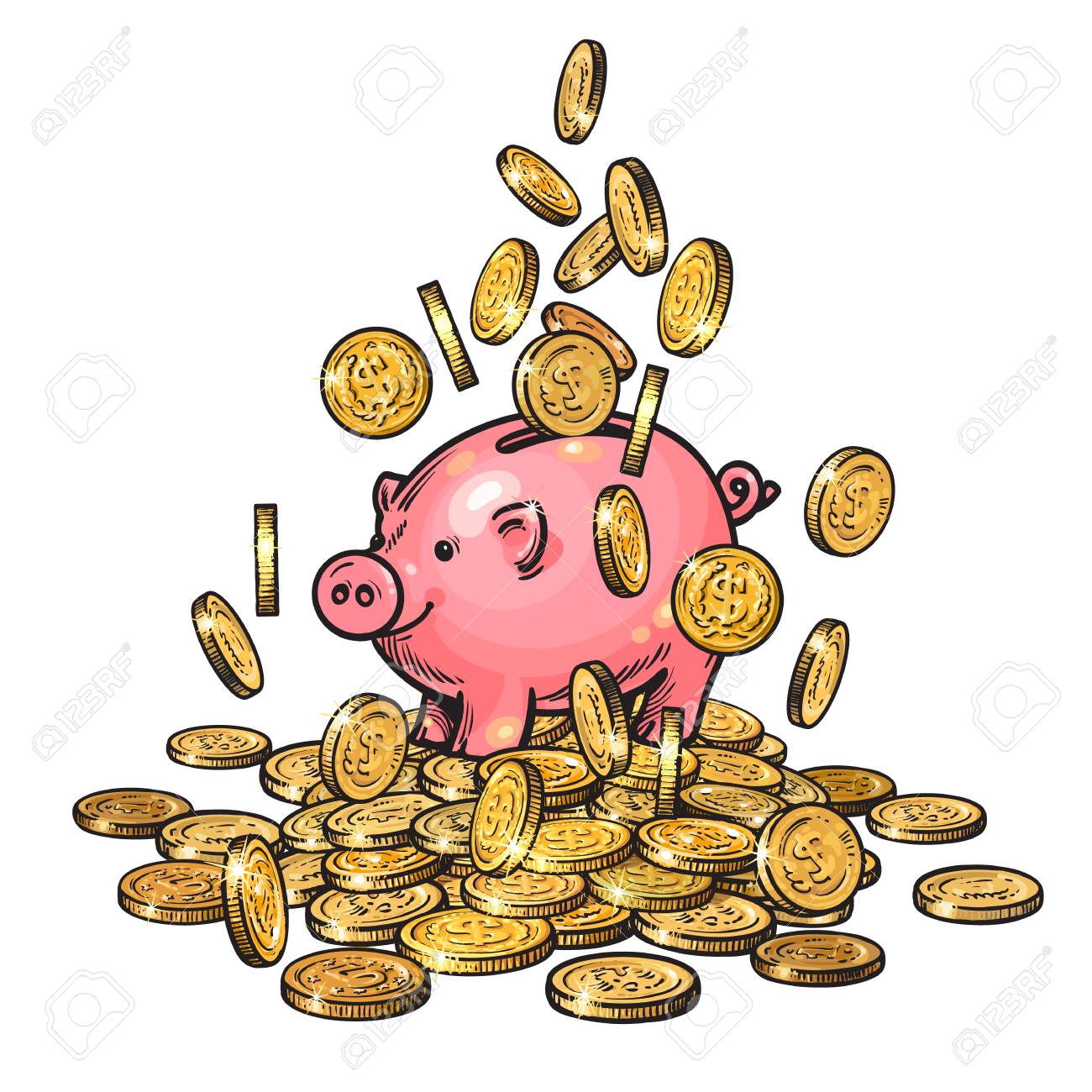 Cartoon Piggy Bank Among Falling Coins On Big Pile !   Of Money - 