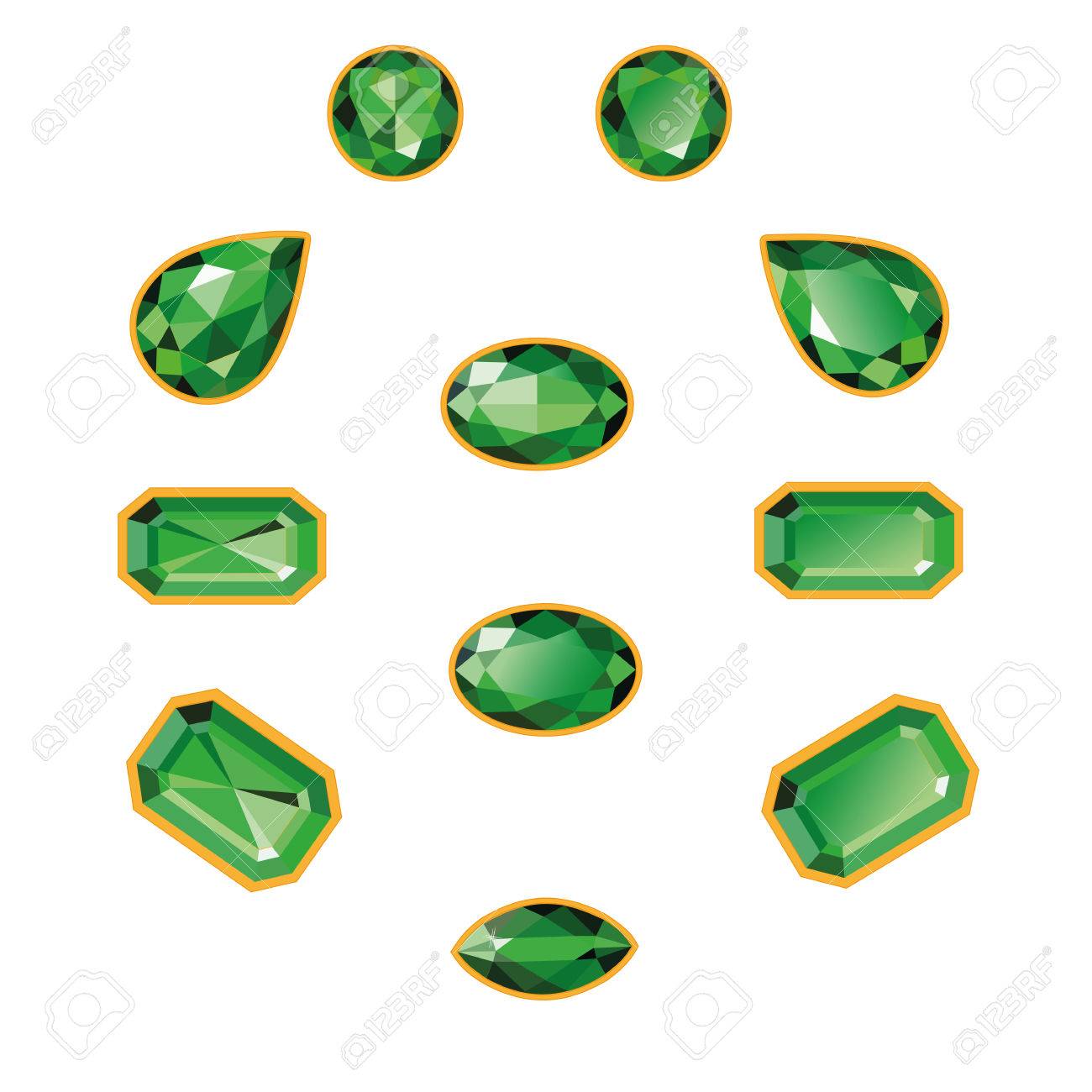 異なる設定エメラルド カット ラウンド ドロップ 梨 楕円形 八角形 レース緑 白い背景で光沢のある三次元宝石 のイラスト素材 ベクタ Image