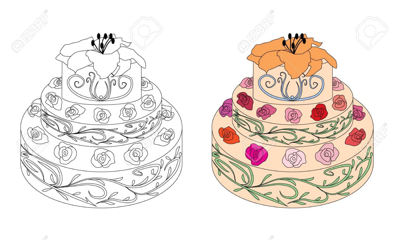 Coloring book page cake with roses Sketch and color version Stock Vector