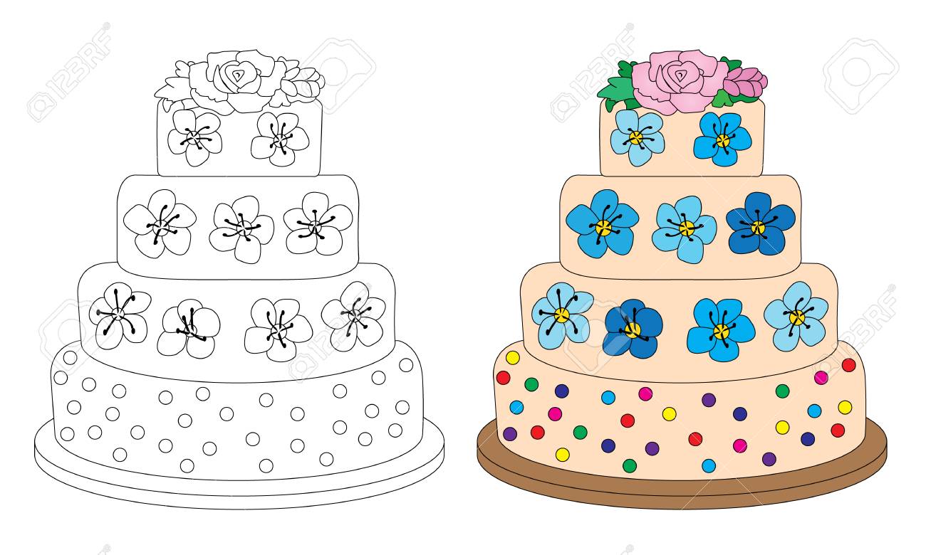 Coloriage Livre De Page Gateau Avec Des Fleurs Croquis Et Version Couleur Clip Art Libres De Droits Vecteurs Et Illustration Image