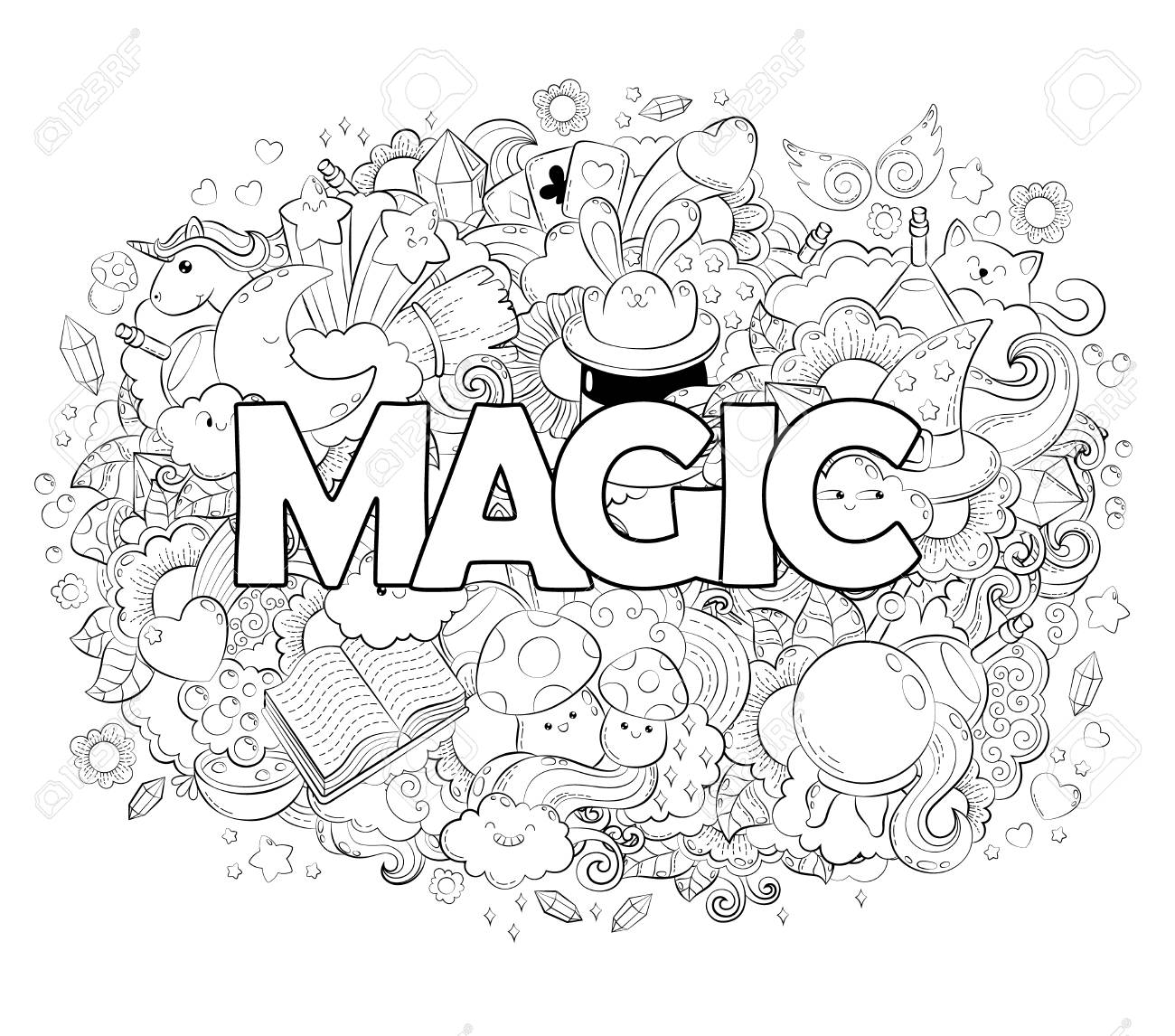 Halloween Concept Hand drawn cartoon doodle illustration Magic pattern illustration for adult coloring