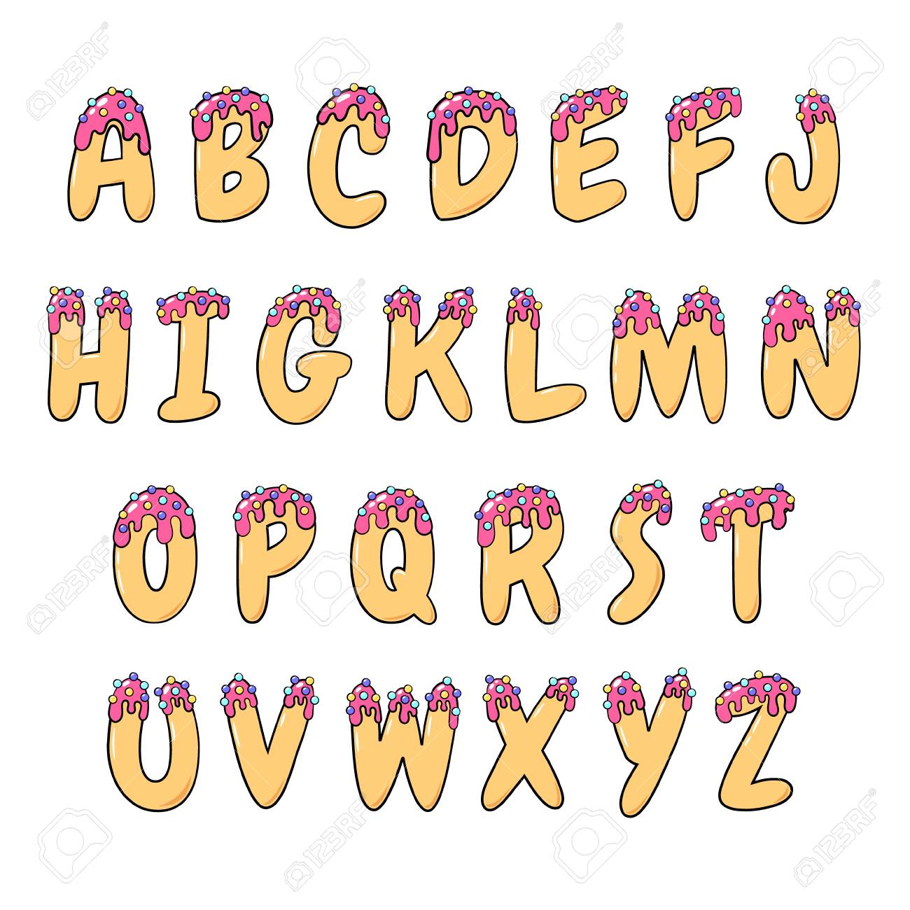 落書き漫画手描きフォントドーナツ 広告 ロゴ バナー ポスターのための英語の面白いアルファベット ベクトル文字のイラスト素材 ベクタ Image