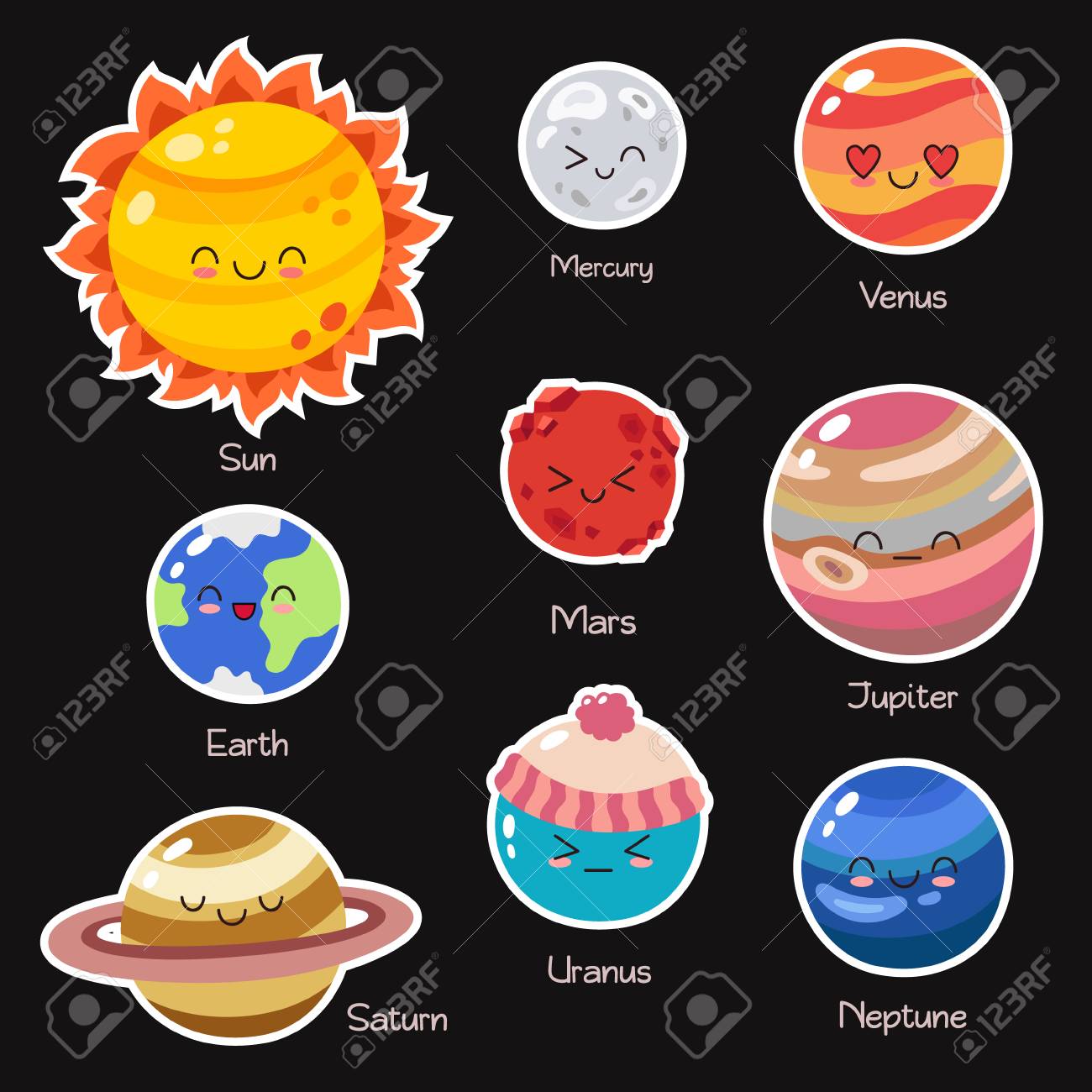 太陽系のベクトル落書き漫画のアイコンの惑星のセット コミックカラーの面白いキャラクター 子供の教育 壁紙 背景 シンボル ウェブデザインのためのテンプレート グリーティングカード カバー ポスター のイラスト素材 ベクタ Image