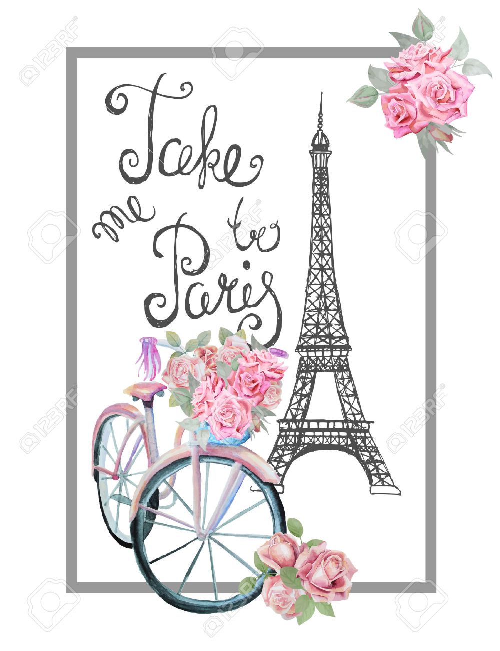 Vettoriale T Shirt Design Di Stampa Con Segno Portarmi A Parigi Disegno A Mano Torre Eiffel Acquerello Retro Bicicletta E Le Rose Image