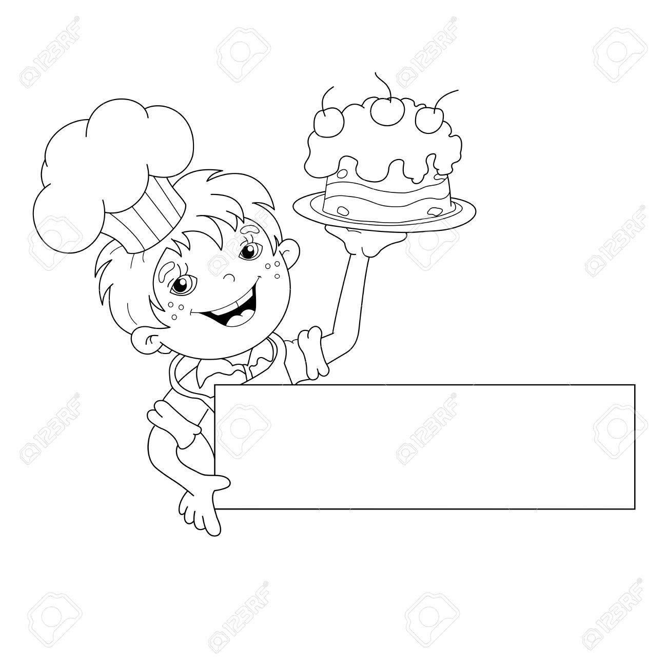 Coloring Page Outline Of cartoon Boy chef with cake. Template.. Coloring Page Outline Of cartoon Boy chef with cake. Template..