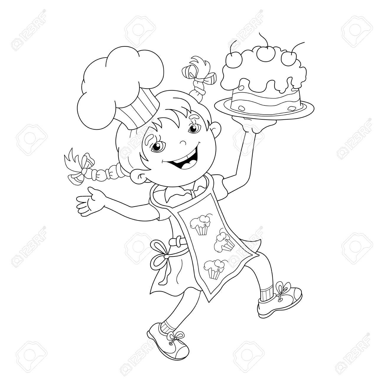 Coloring Page Outline Of Cartoon Girl Chef With Cake Coloring Royalty Free Cliparts Vectors And Stock Illustration Image 58327913