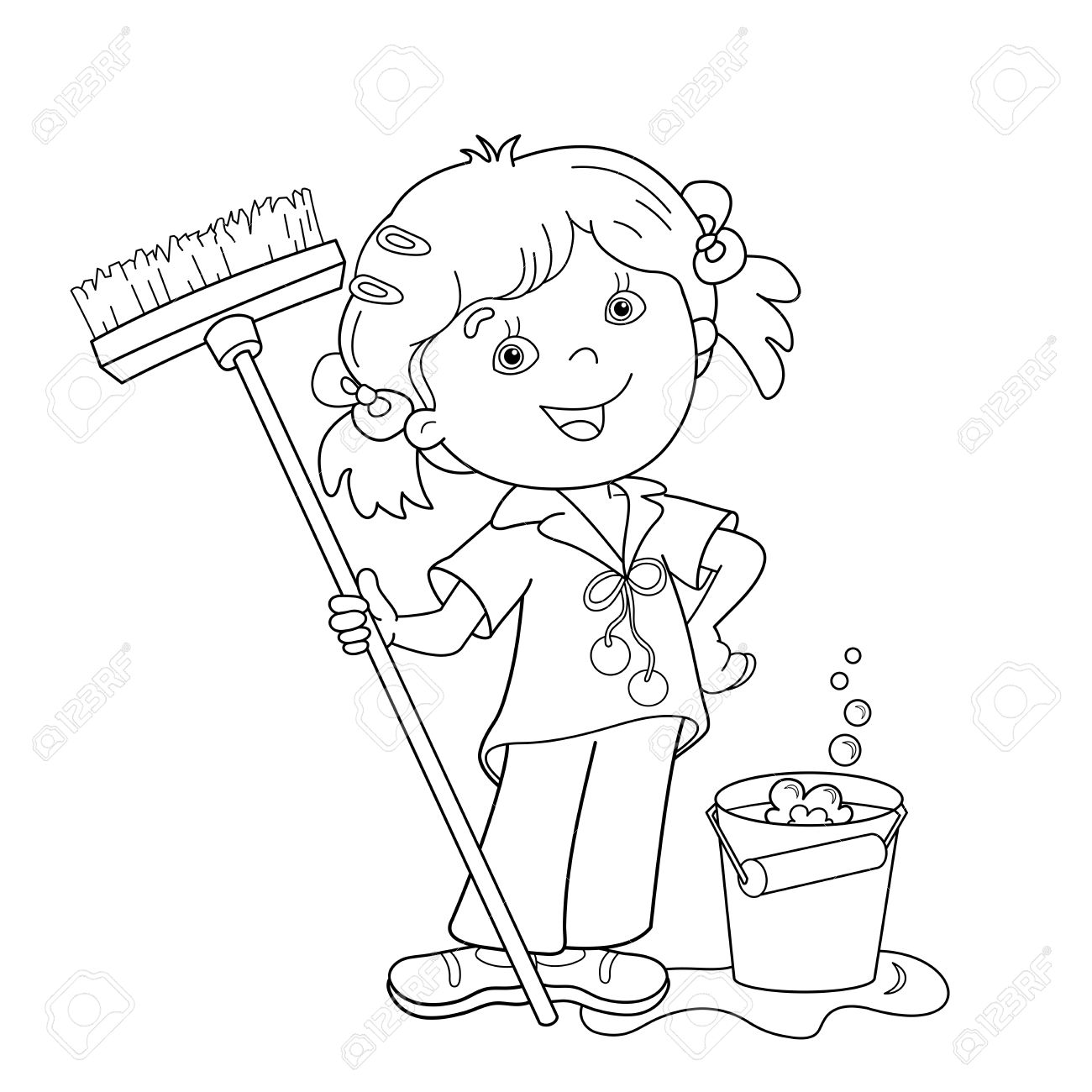 Coloring Page Outline cartoon girl with mop and bucket Housework Washing floors