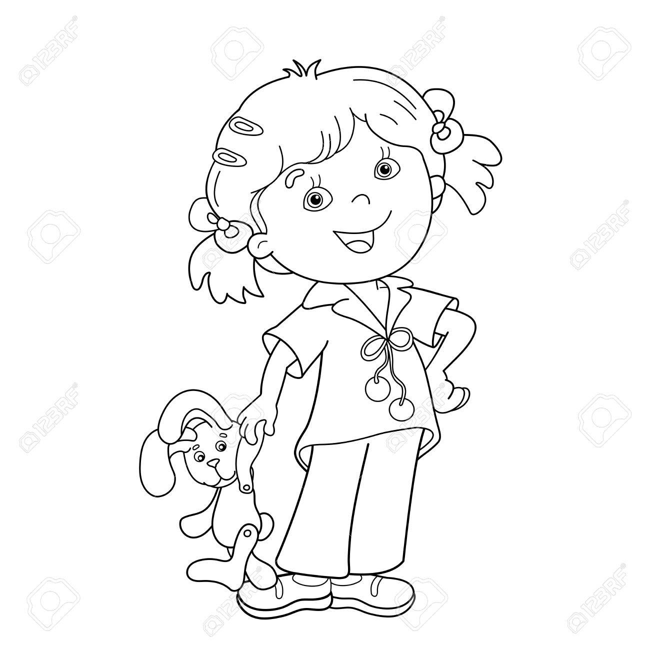 coloring page outline of cartoon girl with toy hare coloring book for kids stock vector