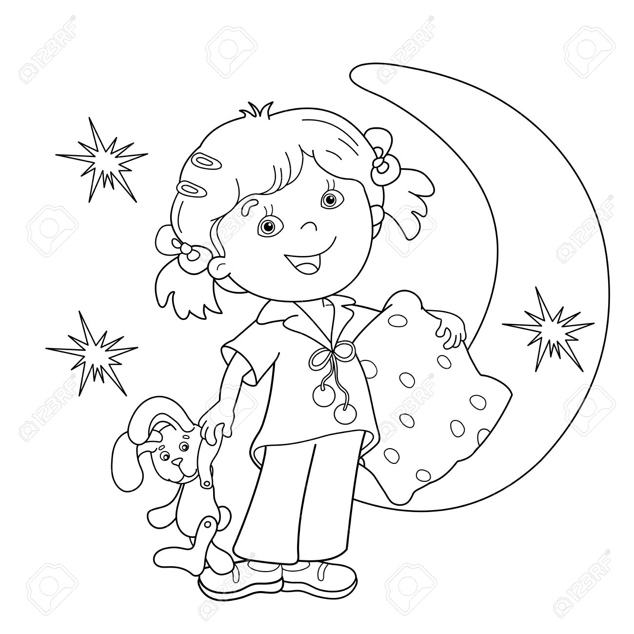 coloring page outline of cartoon girl in pajamas with pillow