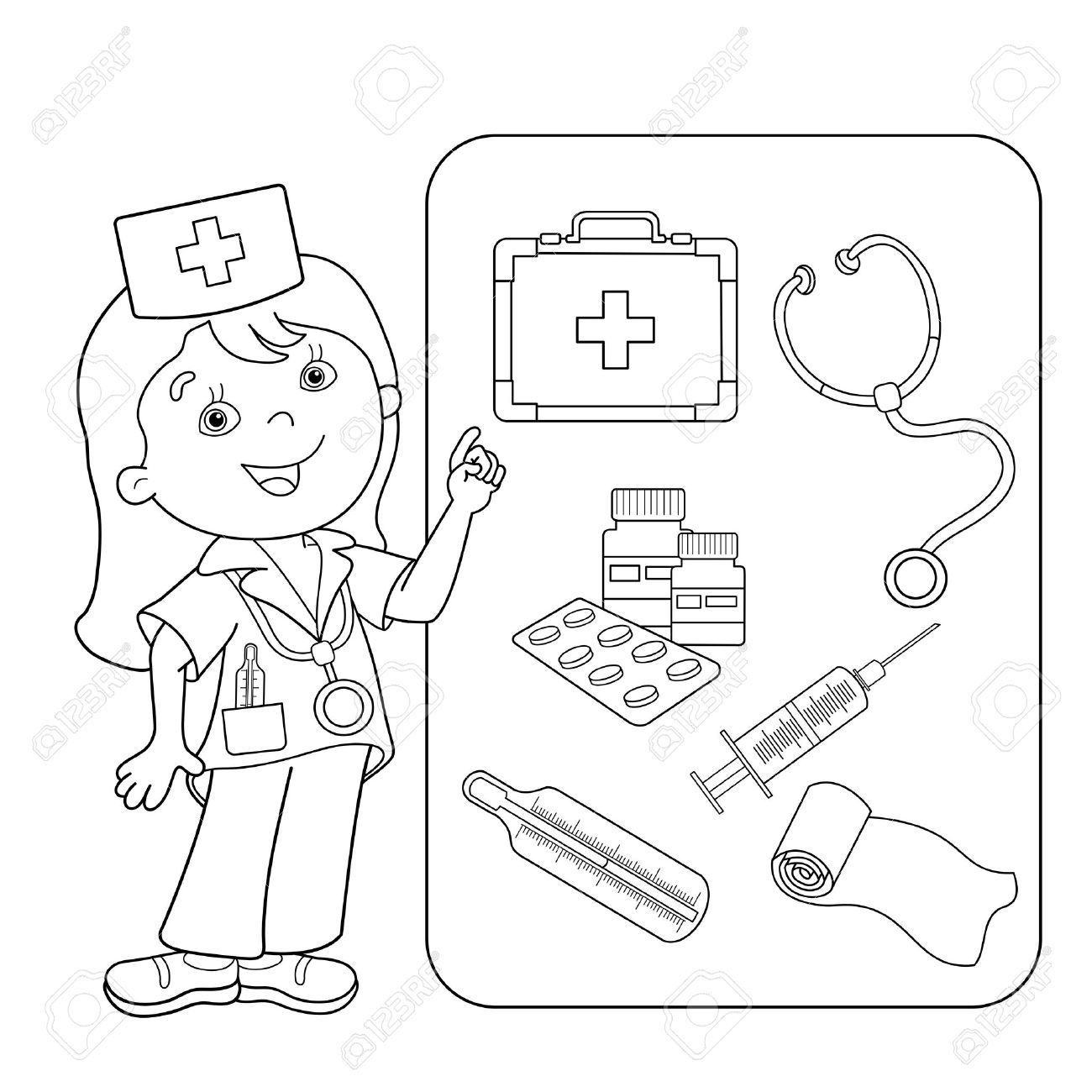 coloriage outline de medecin bande dessinee avec trousse premiers soins ensemble d instruments medicaux metier medicament livre pour les enfants clip art libres droits vecteurs et illustration mv armoiries nationales