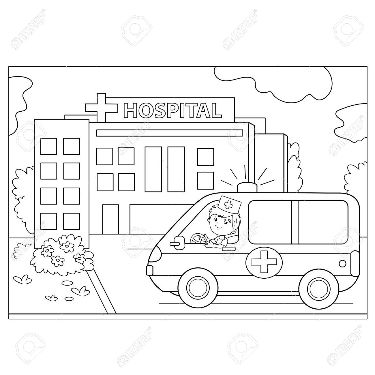 ページ概要の漫画の医師に病院の近くの車の救急車のぬりえ 職業 医学 子供のための塗り絵のイラスト素材 ベクタ Image