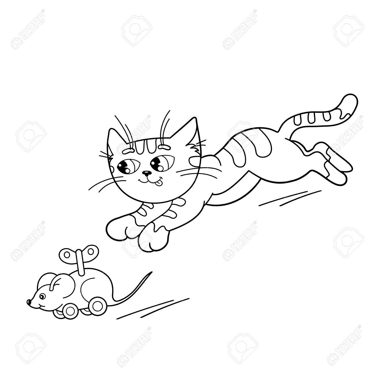 Coloriage Contour De Bande Dessinée Chat Jouant Avec Des Jouets Sur Des Roulettes Souris Livre De Coloriage Pour Les Enfants