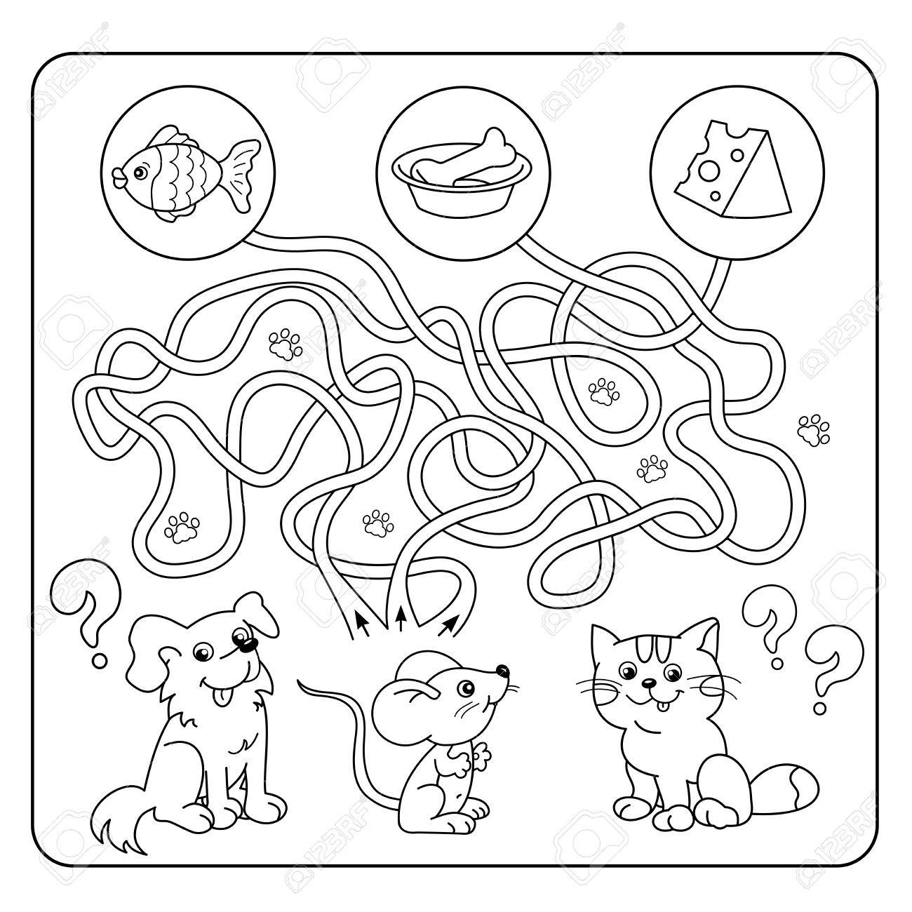 迷路や幼児用迷路ゲーム パズル もつれた道 ゲームに一致します 漫画の動物と好きな食べ物 子供のための塗り絵 のイラスト素材 ベクタ Image