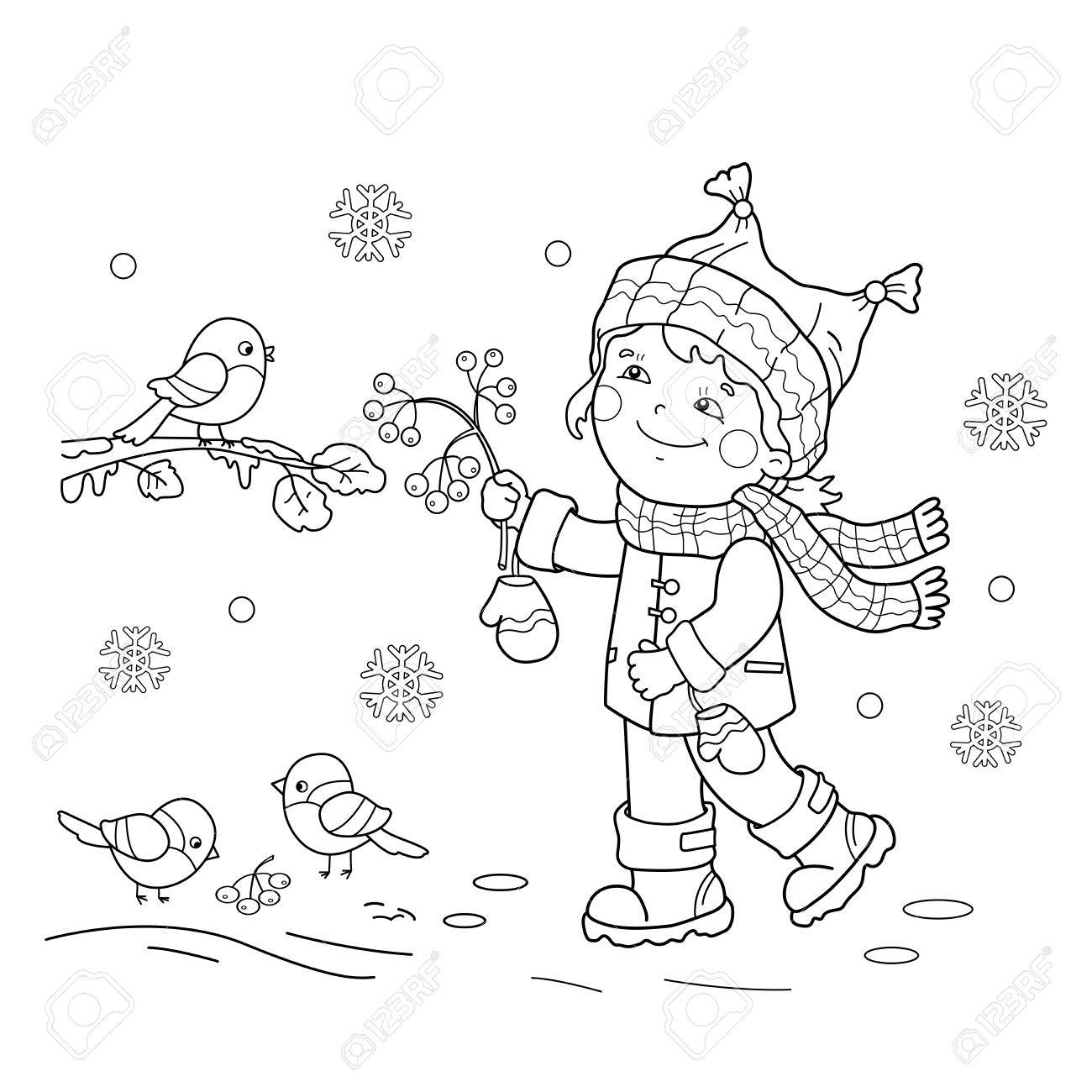 Coloring Page Outline Of girl feeding birds. Winter. Coloring.. Coloring Page Outline Of girl feeding birds. Winter. Coloring..