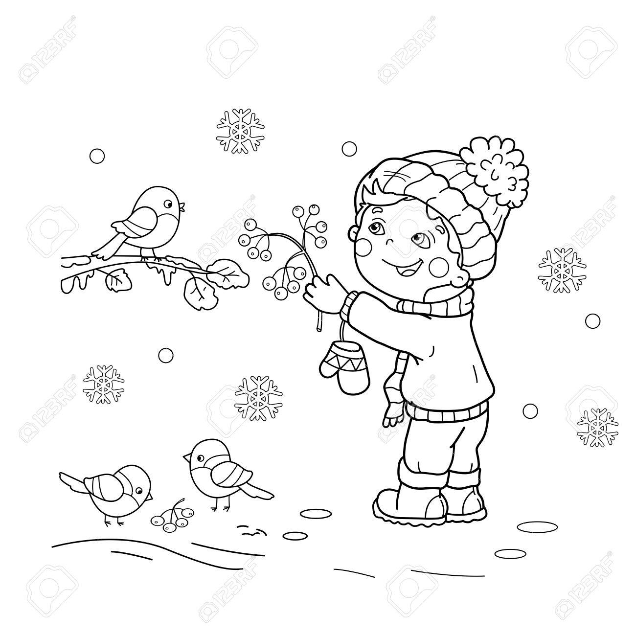 Coloring Page Outline Of Cartoon Boy Feeding Birds Winter Book For Kids Stock